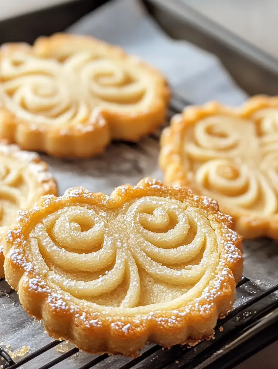 A tray of decorative, lightly dusted pastries shaped like flowers sits on parchment paper.