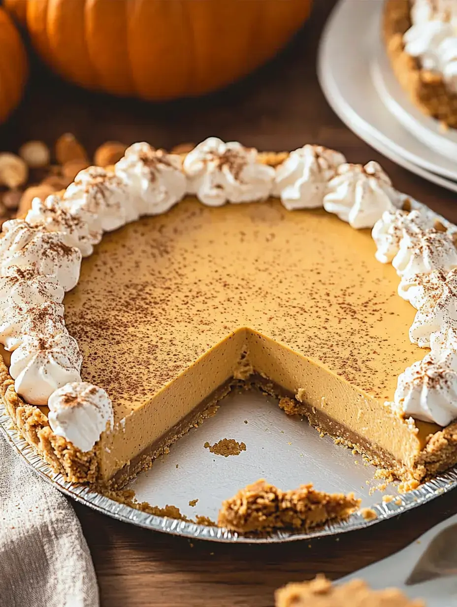 A close-up of a pumpkin pie with a slice removed, topped with whipped cream and dusted with cinnamon, surrounded by pumpkins and nuts.