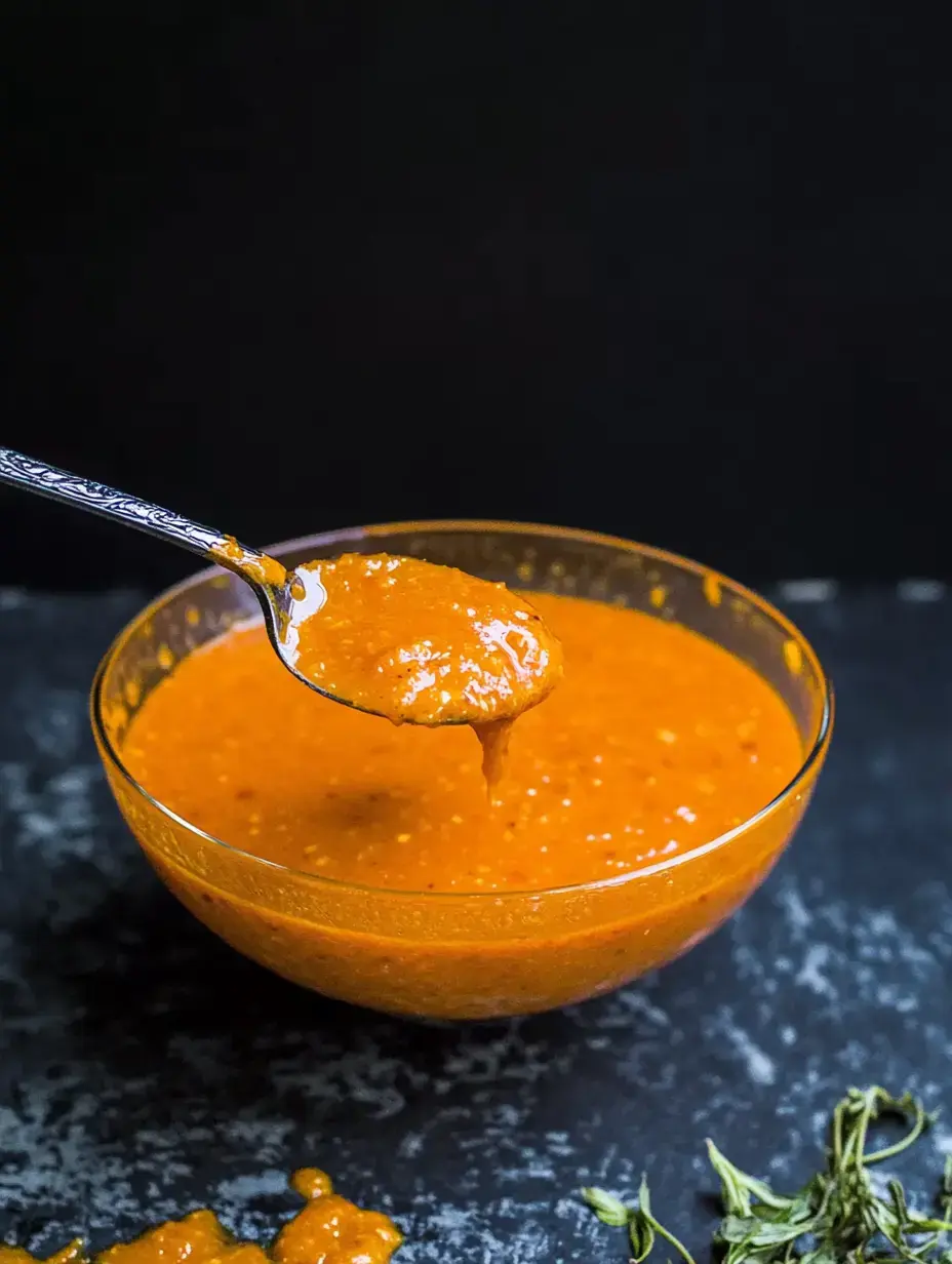 A spoonful of thick, orange sauce is held above a clear bowl filled with the same sauce, set against a dark background.