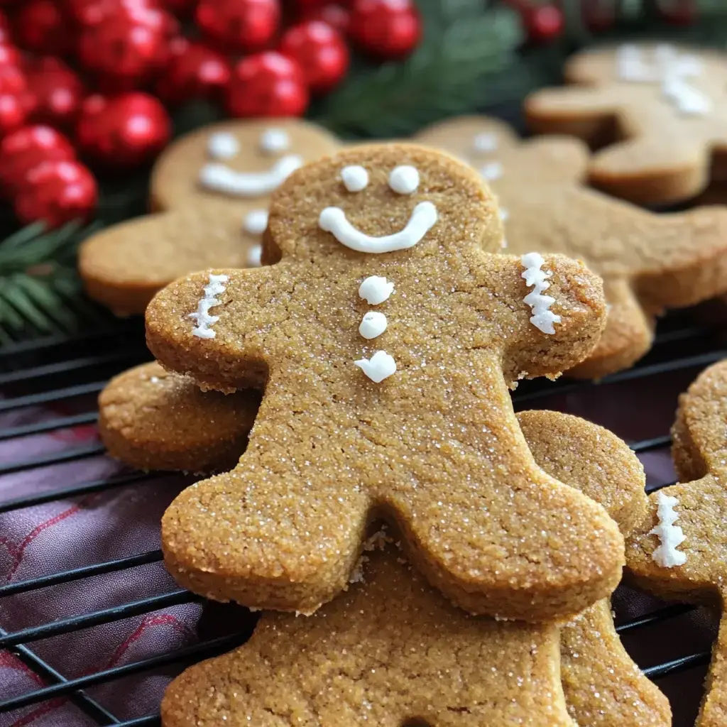 A close-up of decorated gingerbread cookies shaped like gingerbread men, with festive red berries and greenery in the background.