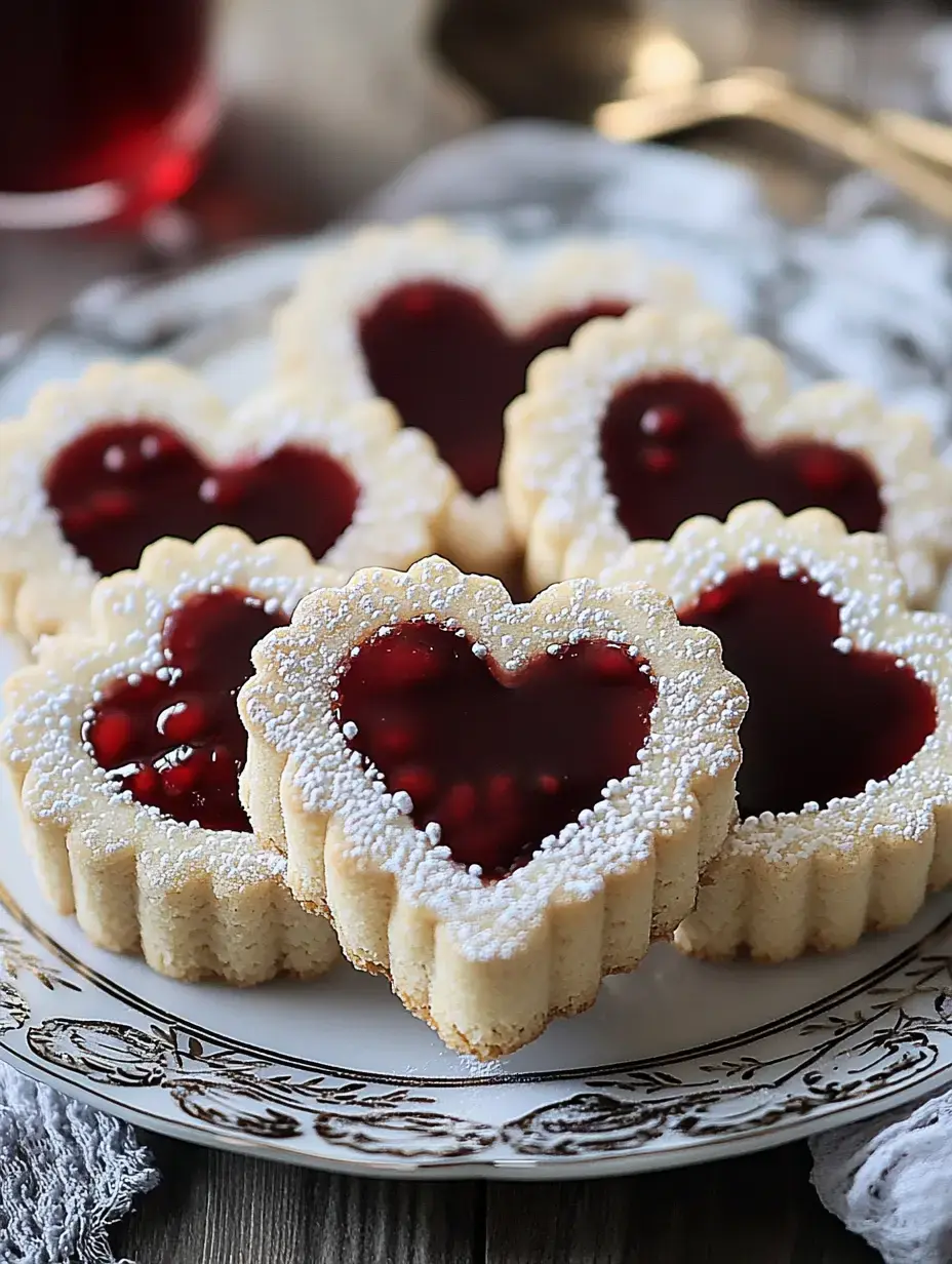 A plate of heart-shaped cookies filled with red fruit jelly and topped with powdered sugar.