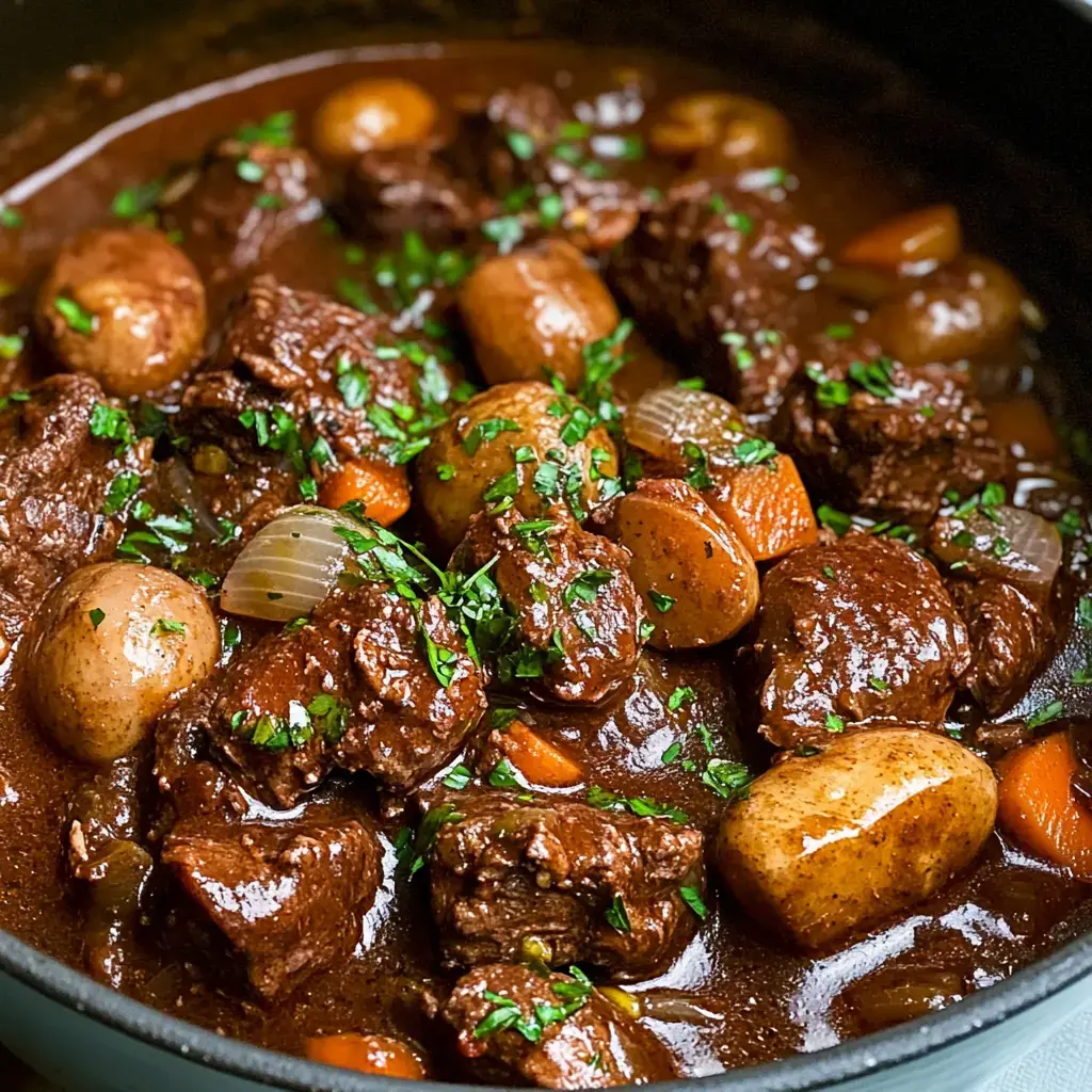 A close-up of a rich beef stew featuring tender chunks of meat, carrots, potatoes, and onions, garnished with fresh parsley.