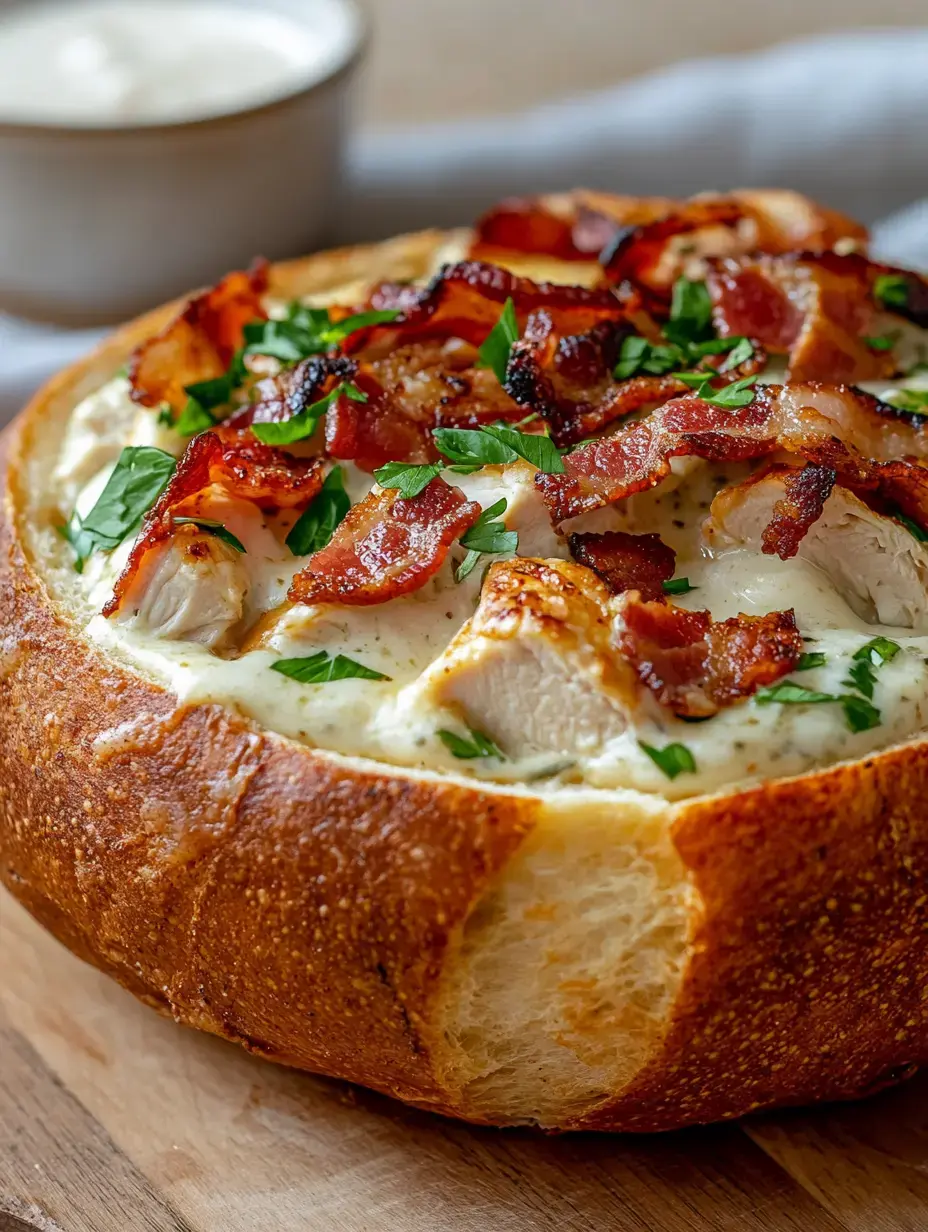 A bread bowl filled with creamy chicken and topped with crispy bacon and fresh parsley.