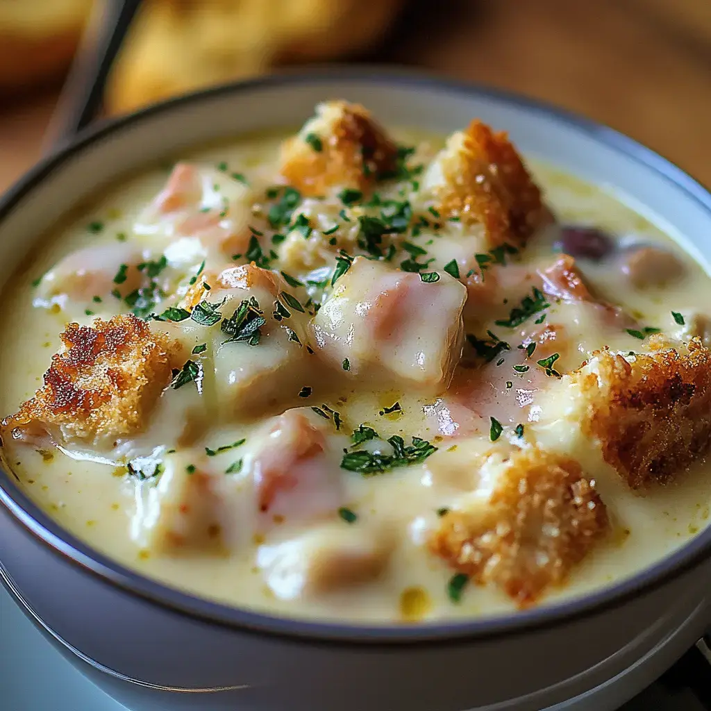 A bowl of creamy soup with diced ham and crispy bread croutons, garnished with fresh parsley.