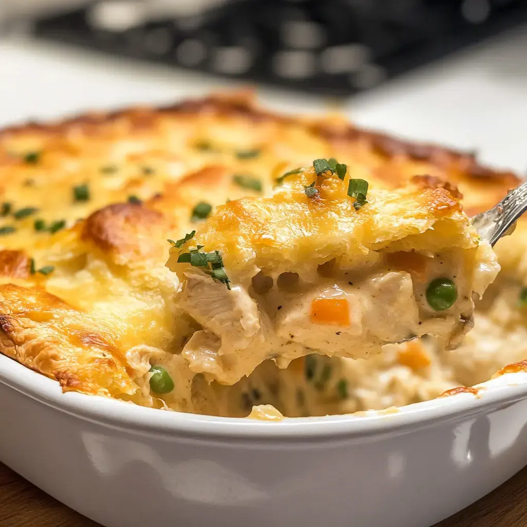 A creamy chicken casserole with a golden, cheesy topping and visible vegetables is being served from a white dish.