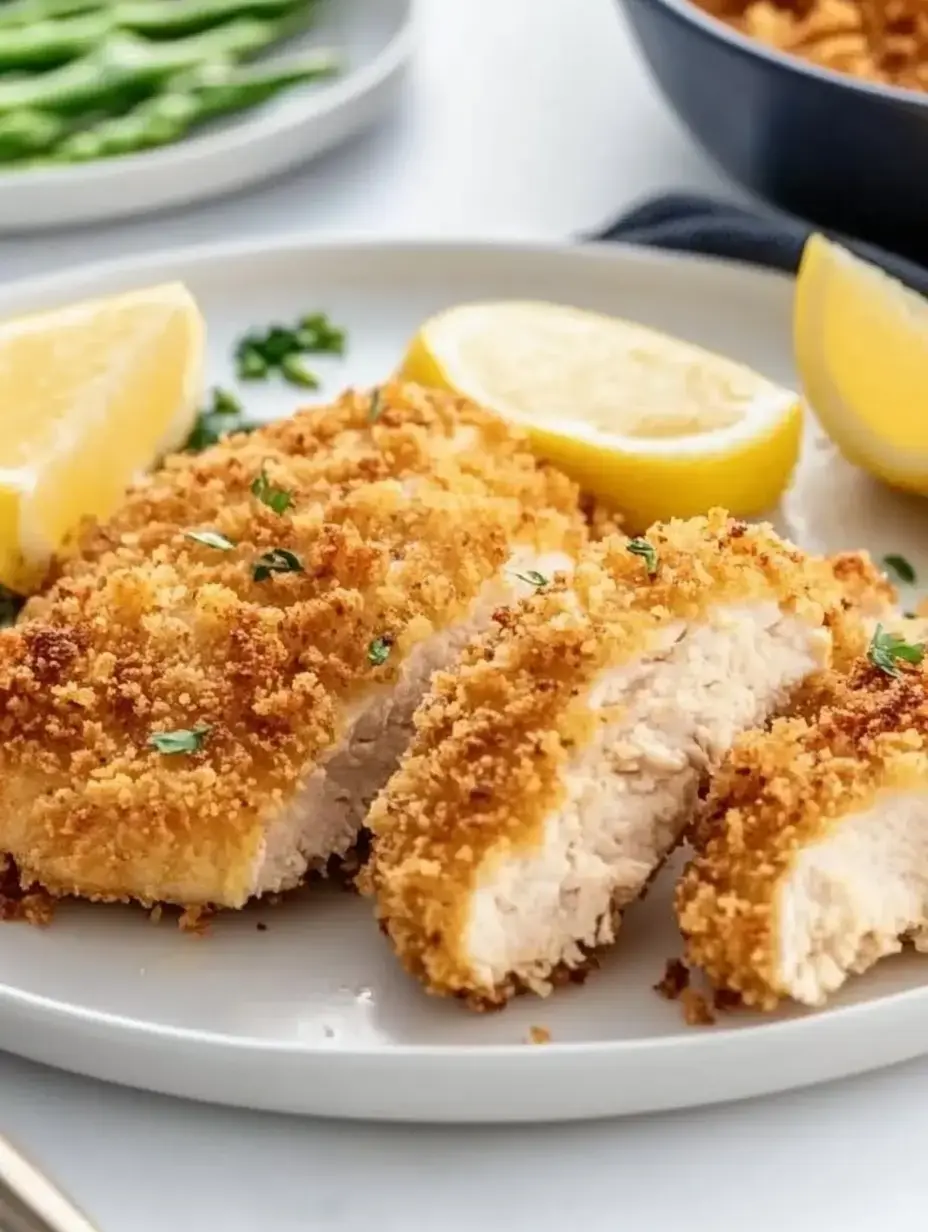 A plate of freshly baked, breaded chicken breast served with lemon wedges and garnished with herbs, alongside a portion of green beans in the background.