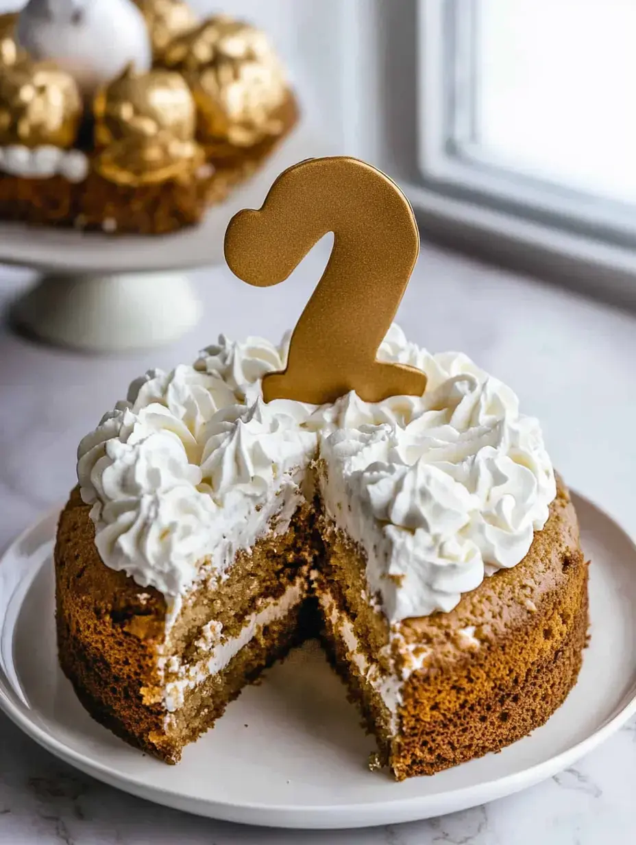 A two-tiered birthday cake with white frosting and a gold number two candle on top, partially sliced to reveal its layers.