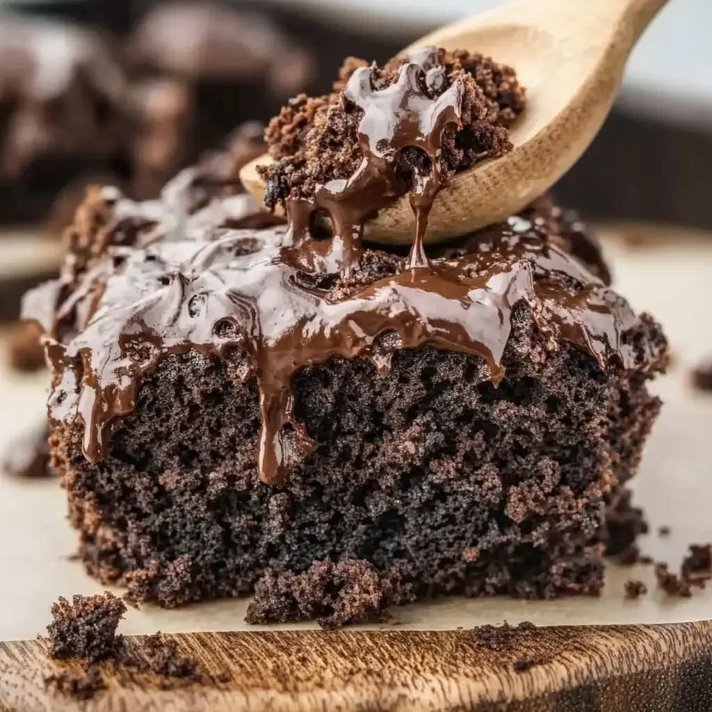 A close-up of a moist chocolate cake topped with a glossy, melted chocolate glaze, with a spoonful of cake crumbling off.