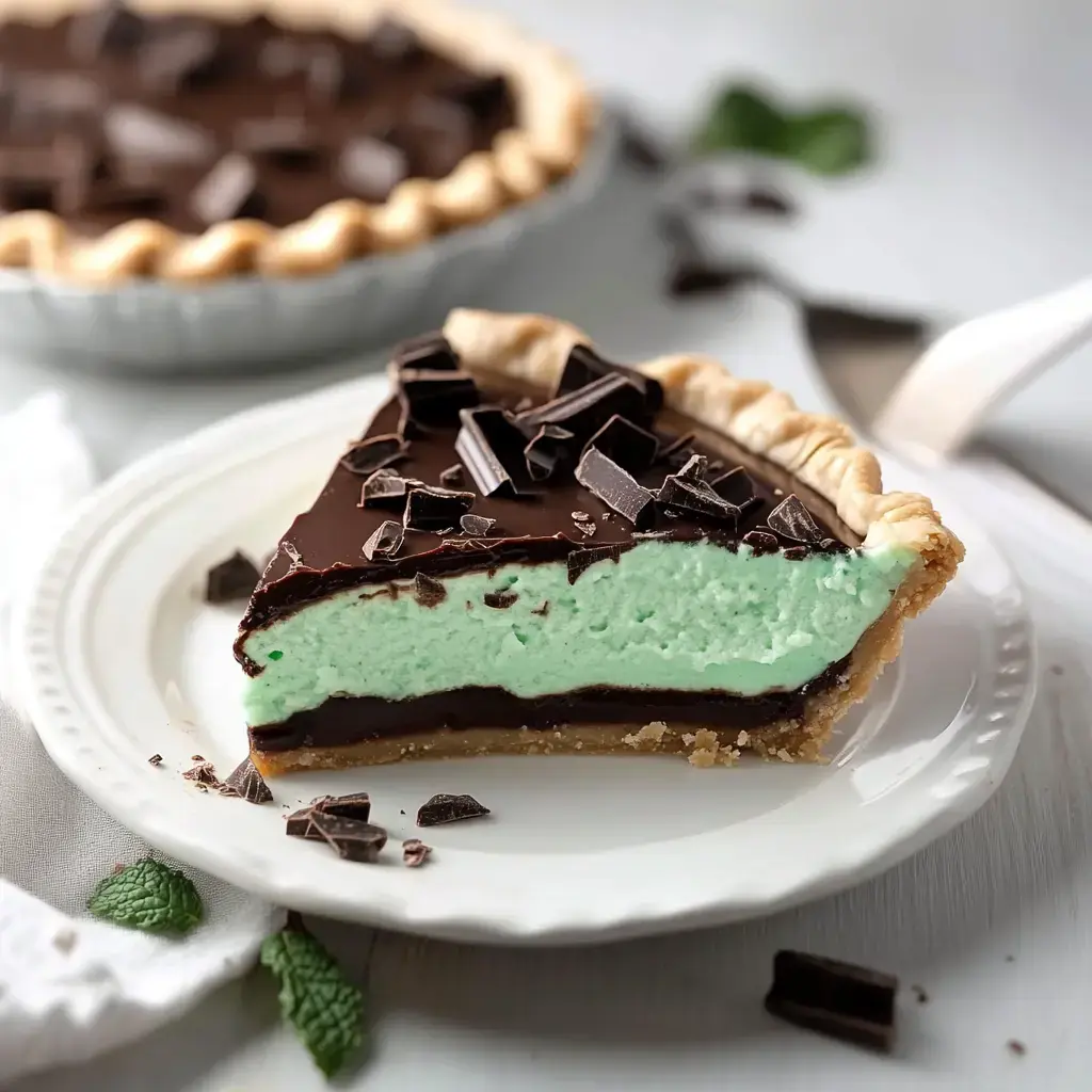 A slice of mint chocolate pie, featuring layers of mint green filling and rich chocolate ganache, topped with chocolate shavings, displayed on a white plate.