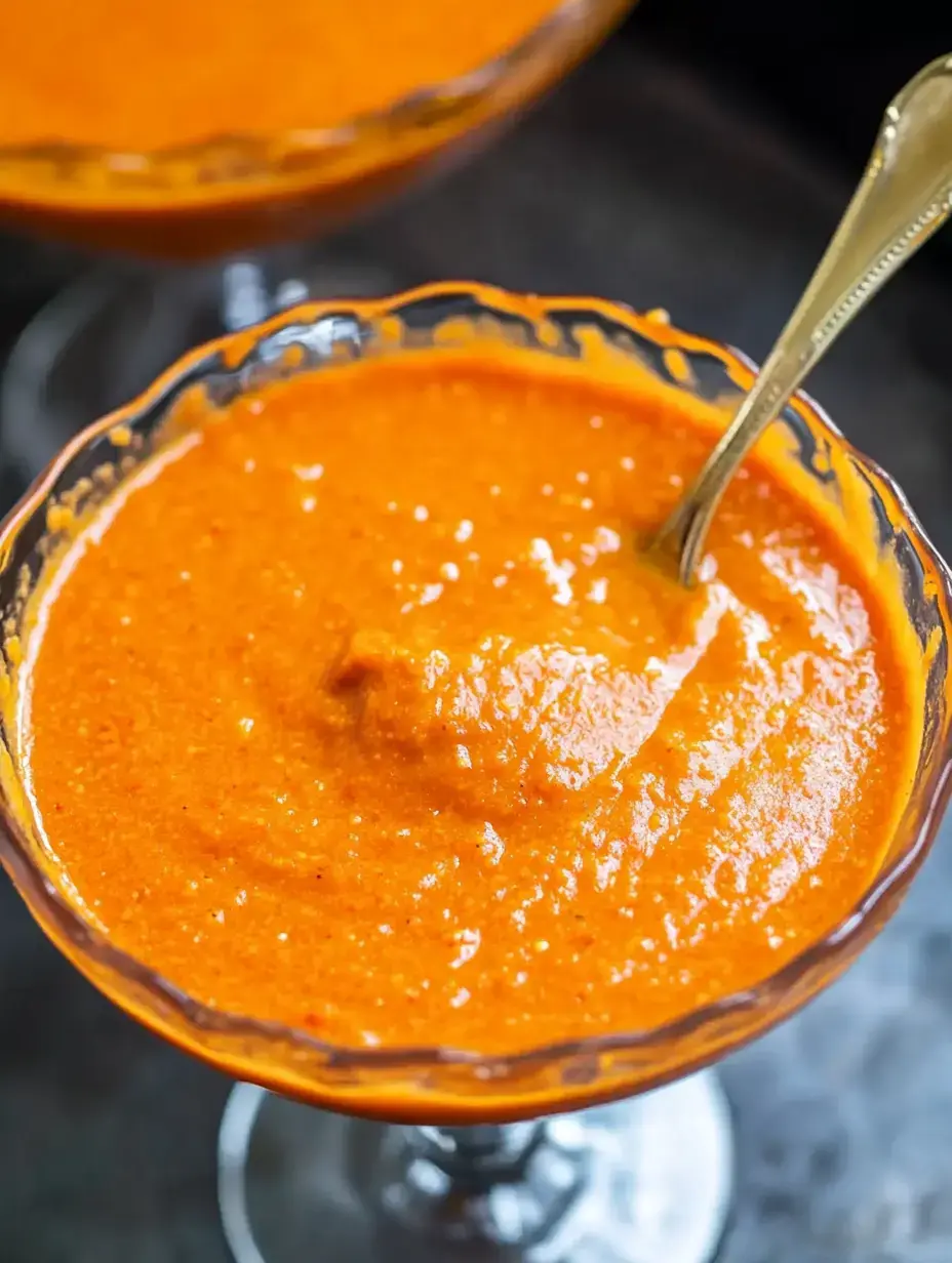 A close-up of a bright orange sauce in a decorative glass bowl with a spoon resting inside.