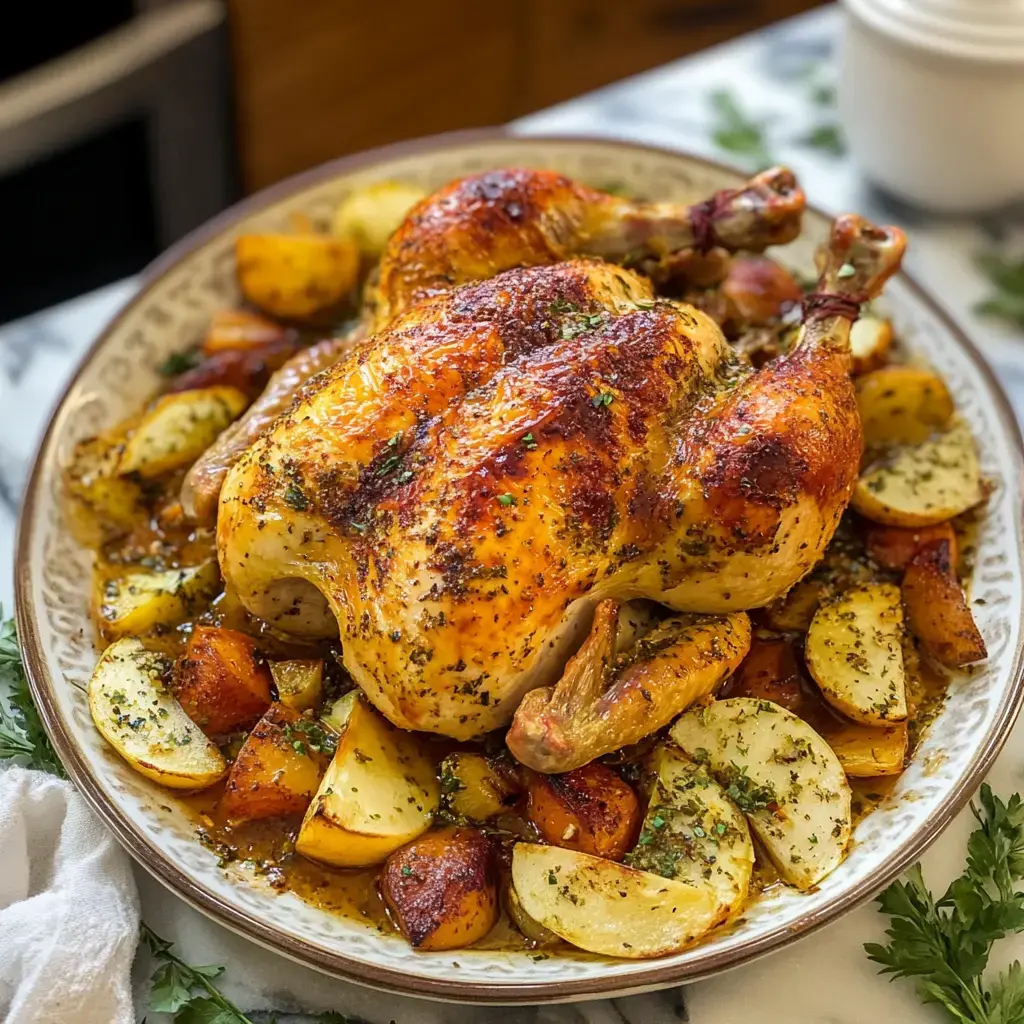 A beautifully roasted chicken is placed on a platter surrounded by golden-brown potatoes and garnished with herbs.