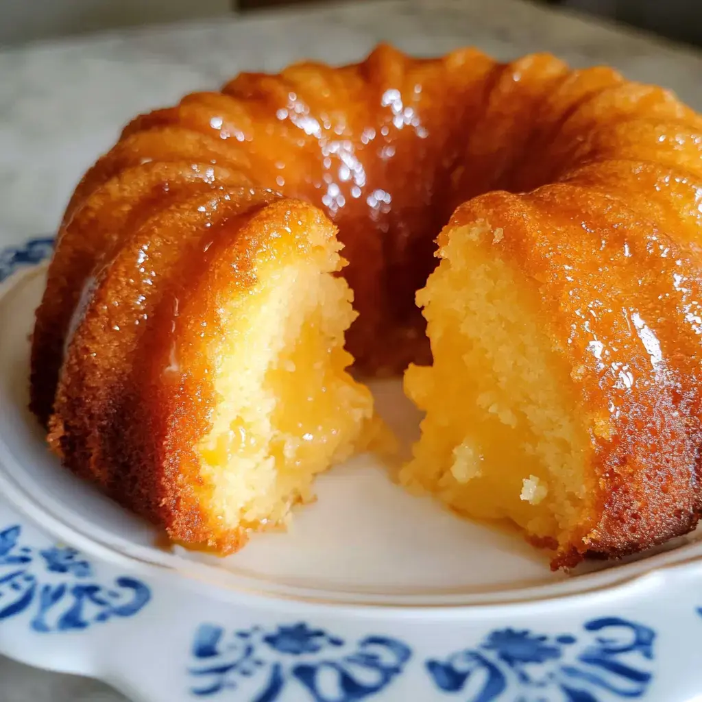 A freshly baked, glistening bundt cake with a slice taken out, revealing its moist, yellow interior.