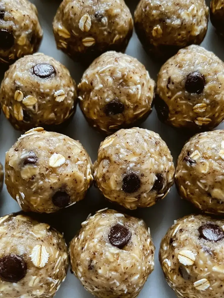 A close-up image of several energy balls made with oats and chocolate chips arranged neatly on a tray.