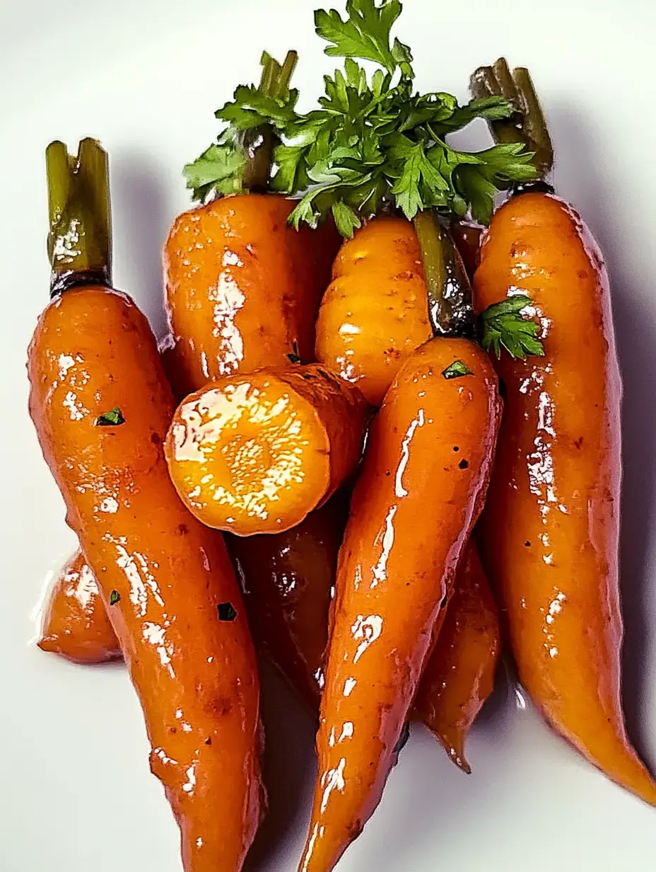 A cluster of glazed, bright orange baby carrots garnished with fresh parsley on a white plate.