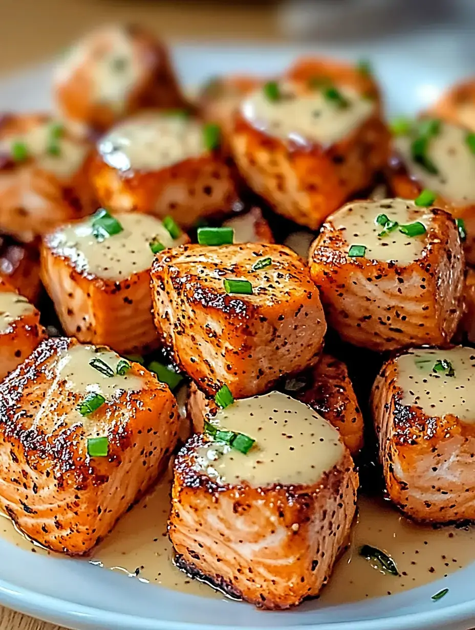 A plate of perfectly grilled cubed salmon topped with a creamy sauce and garnished with green onions.