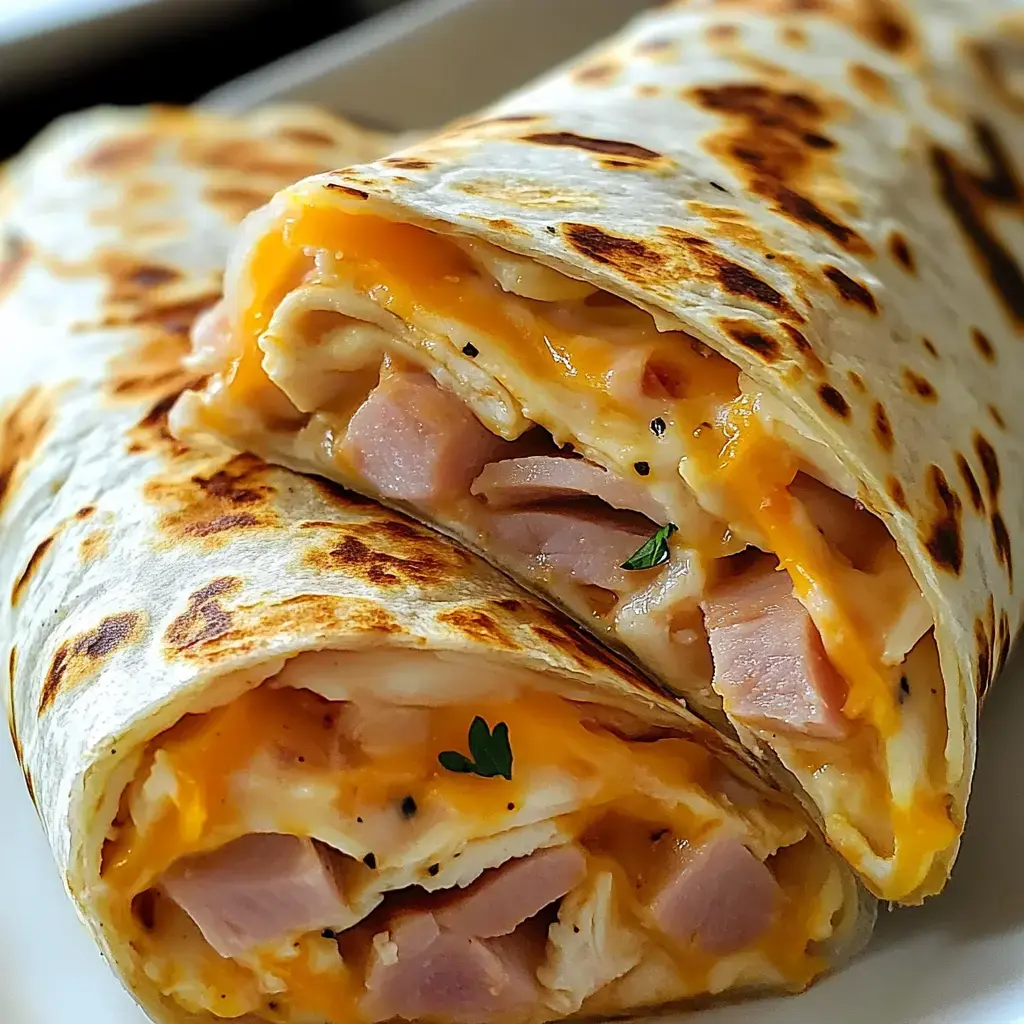 A close-up of two grilled tortillas filled with cheese, ham, and chicken, resting on a plate.