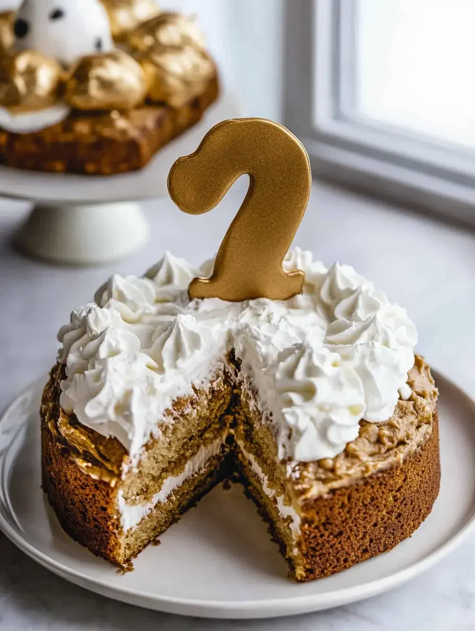 A round cake with a gold "2" candle on top and whipped cream icing, featuring a sliced section revealing layers inside.