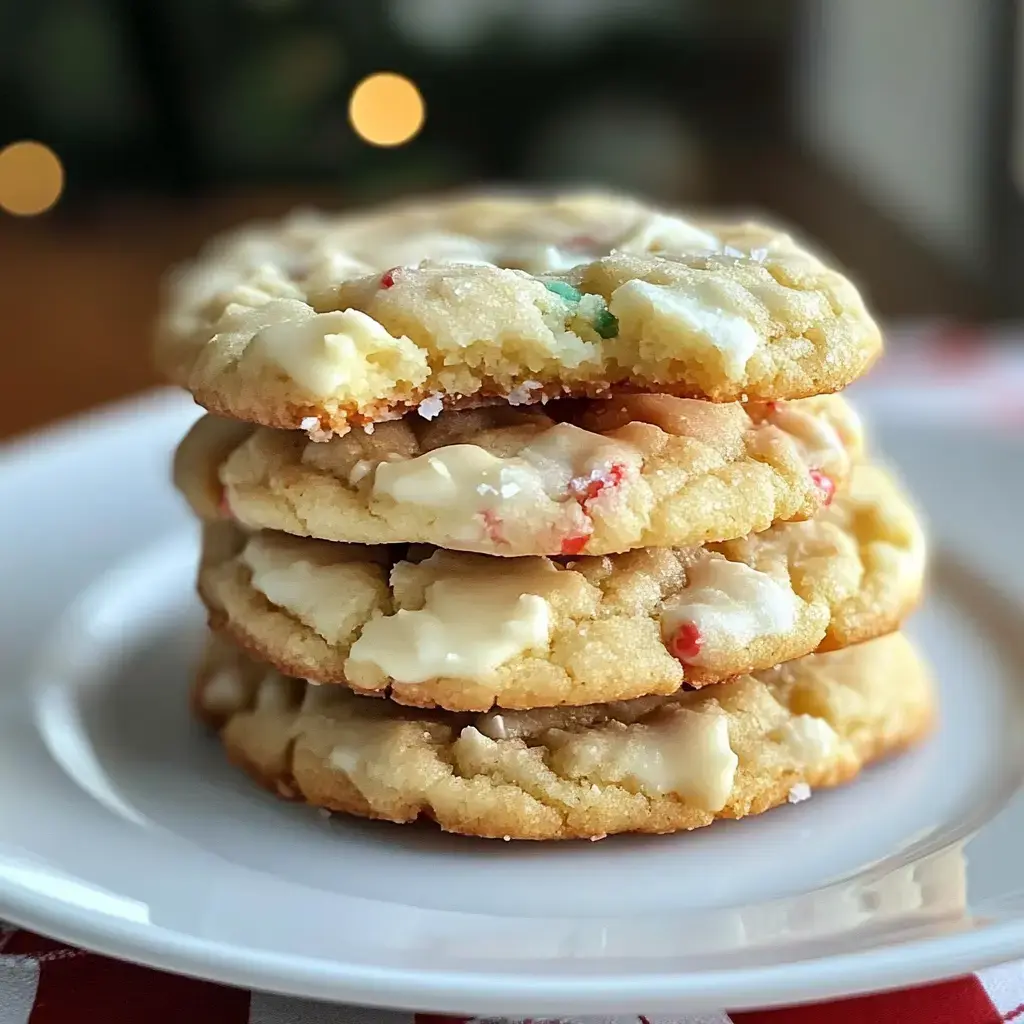 A stack of four festive cookies with white chocolate and red and green sprinkles, displayed on a white plate.