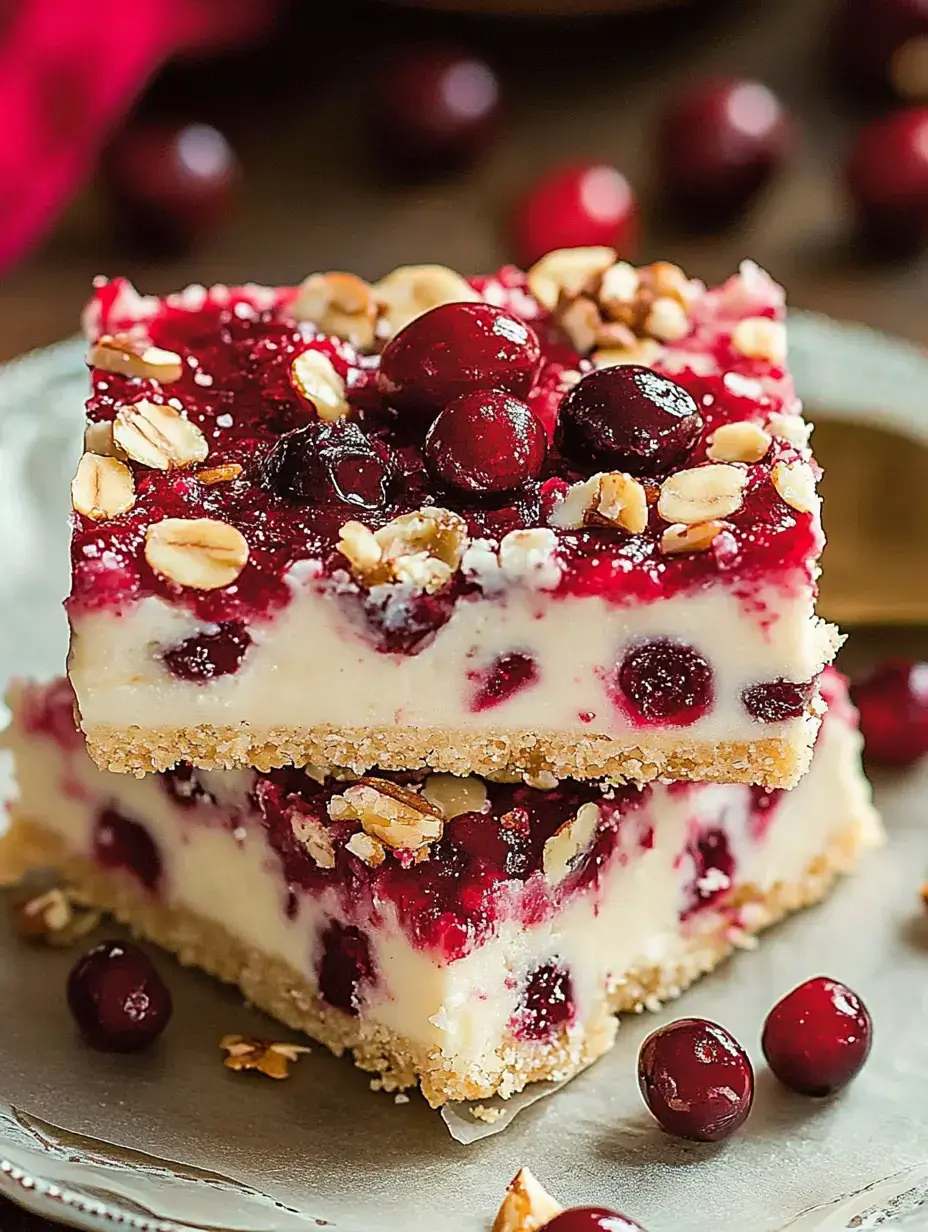 A close-up of two layered dessert bars topped with cranberry and oat garnish, resting on a silver plate surrounded by scattered cranberries.