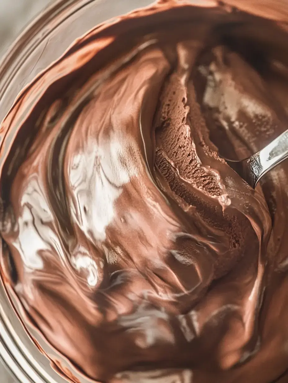 A close-up image of smooth, creamy chocolate mousse in a jar with a spoon partially visible.