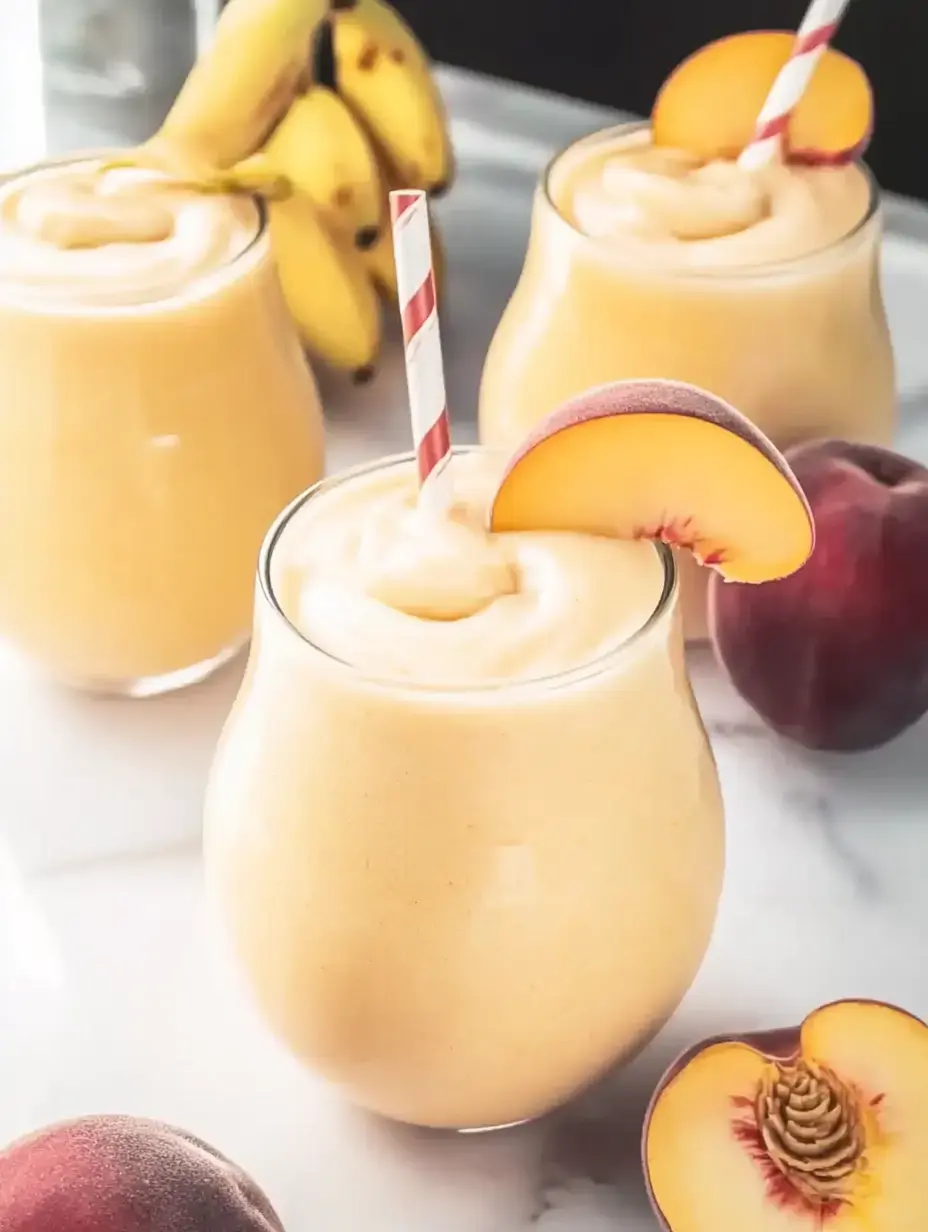 Three smoothies topped with peach slices and striped straws are displayed alongside fresh peaches and bananas on a marble surface.