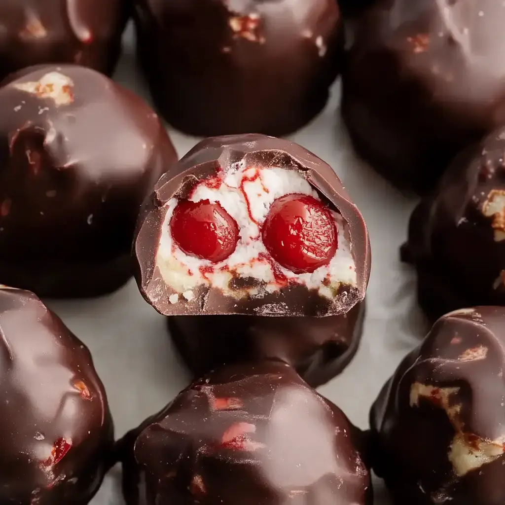 A close-up of chocolate-covered cherry candies, with one candy cut in half to reveal a creamy filling and two cherries inside.