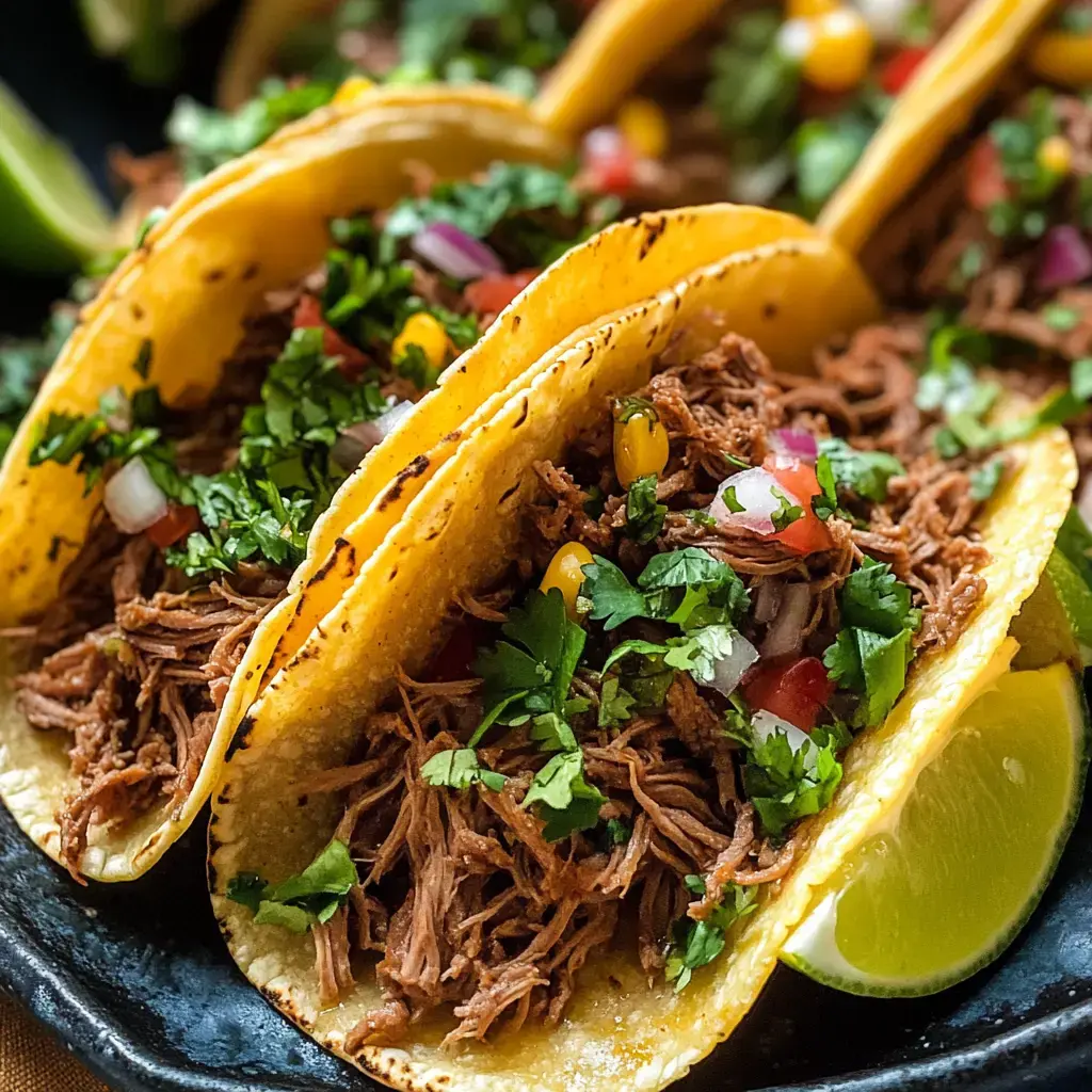 Three tacos filled with shredded meat, topped with cilantro, diced tomatoes, and corn, served on a plate with lime wedges.