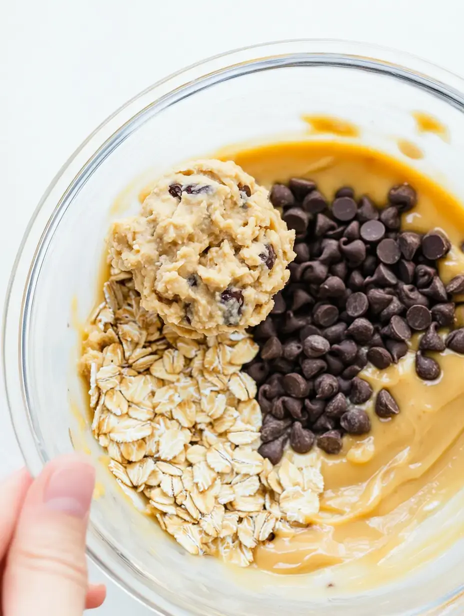 A clear glass bowl contains a mixture of peanut butter, oats, and chocolate chips, with a scoop of cookie dough resting on top.