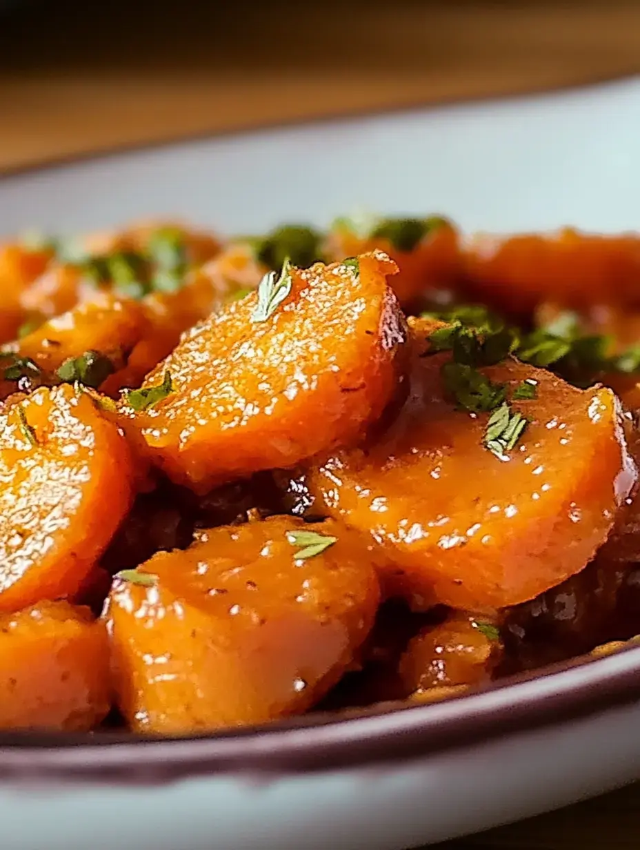 A close-up image of flavorful, sliced carrots coated in a rich sauce and garnished with fresh herbs, served in a white bowl.