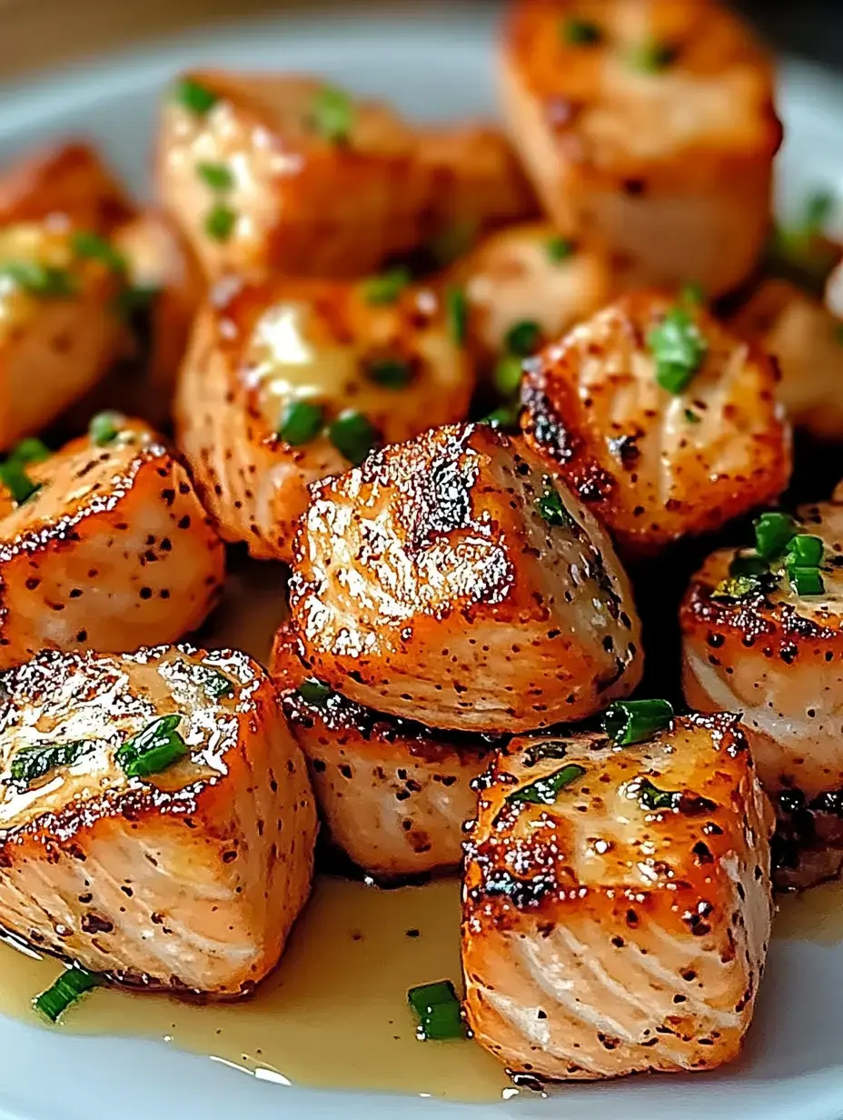 A close-up of golden-brown, pan-seared salmon bites garnished with chopped green onions.