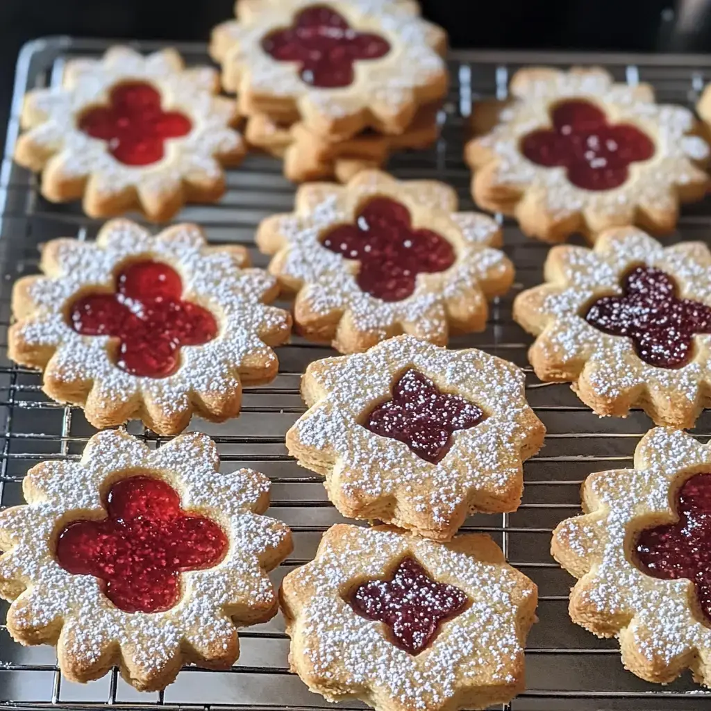 A cooling rack holds an assortment of flower-shaped cookies with jam filling and powdered sugar dusting.