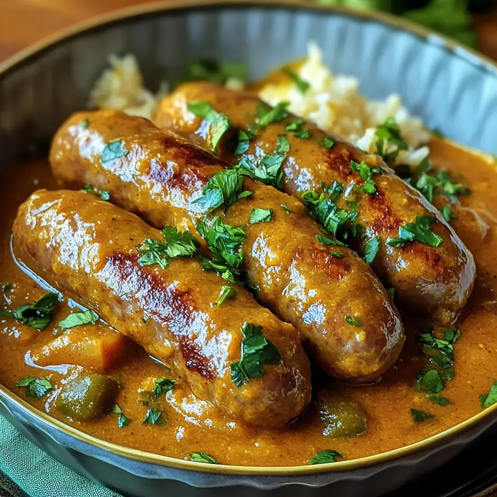 A bowl of three sausages in a rich, brown sauce, garnished with chopped cilantro and served with rice.