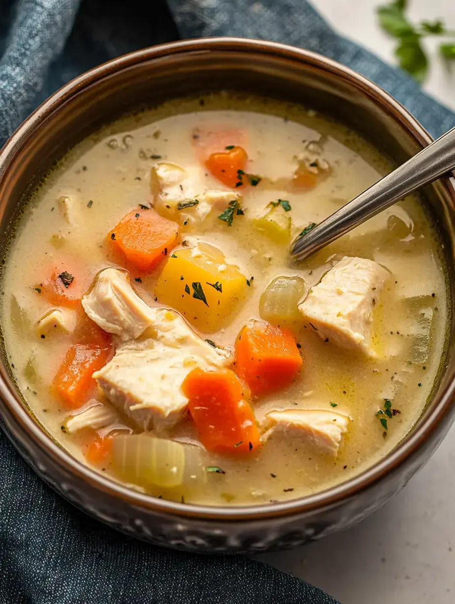 A bowl of creamy chicken soup with chunks of chicken, carrots, and celery, garnished with herbs.