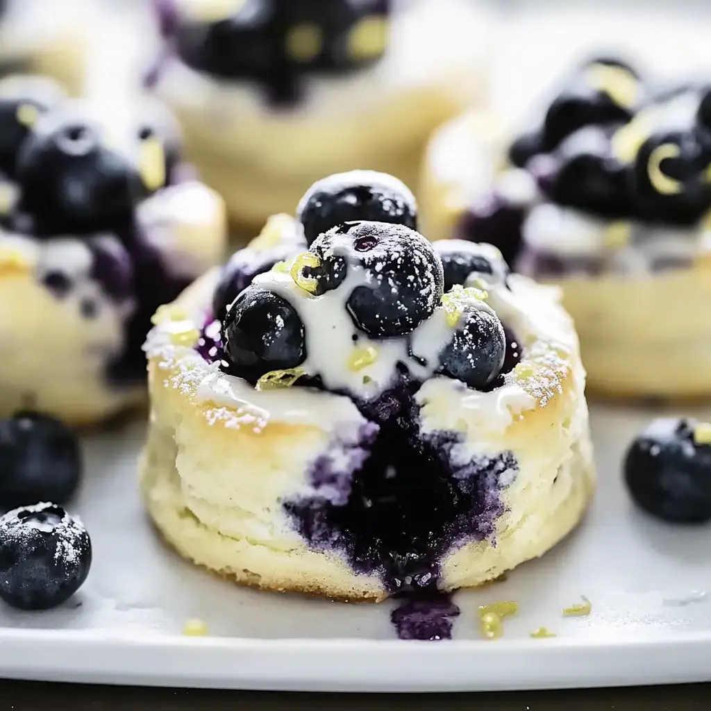 A close-up of blueberry cheesecake bites topped with fresh blueberries, a drizzle of cream, and lemon zest on a white plate.