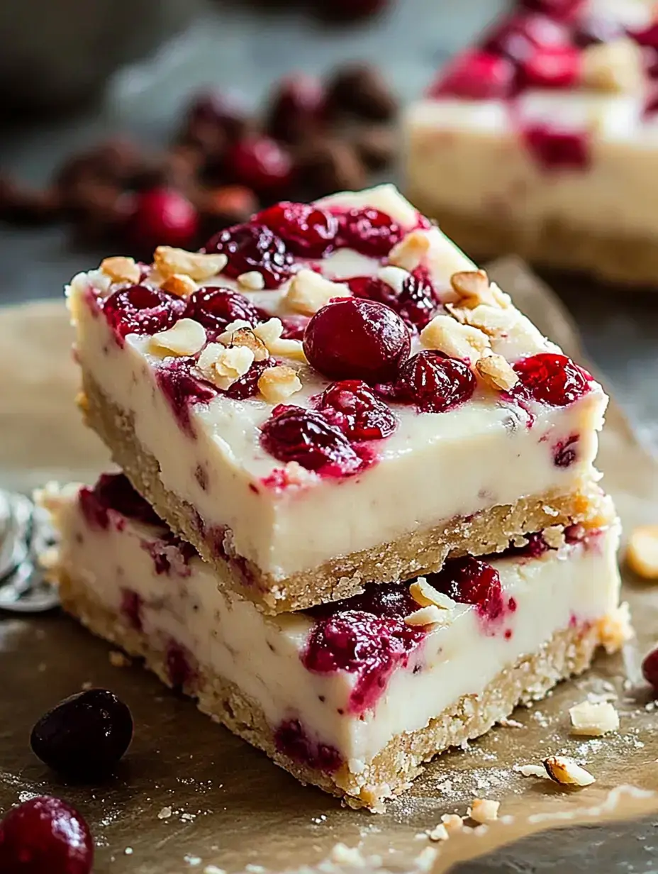 A close-up of two delicious layers of cranberry cheesecake bars topped with chopped nuts, placed on a piece of parchment paper.