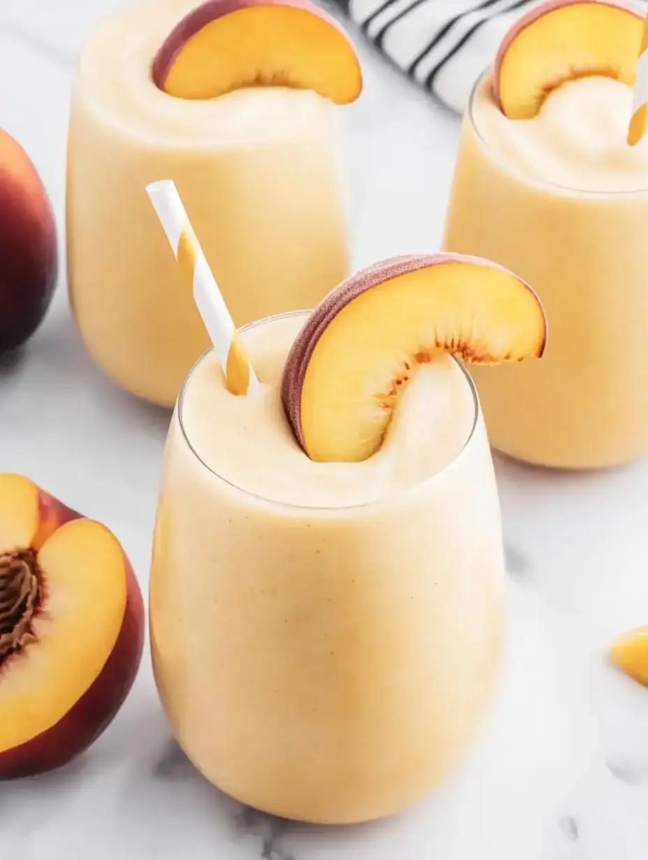 A close-up of three glasses filled with peach smoothie, each garnished with a slice of peach, accompanied by whole peaches on a marble surface.