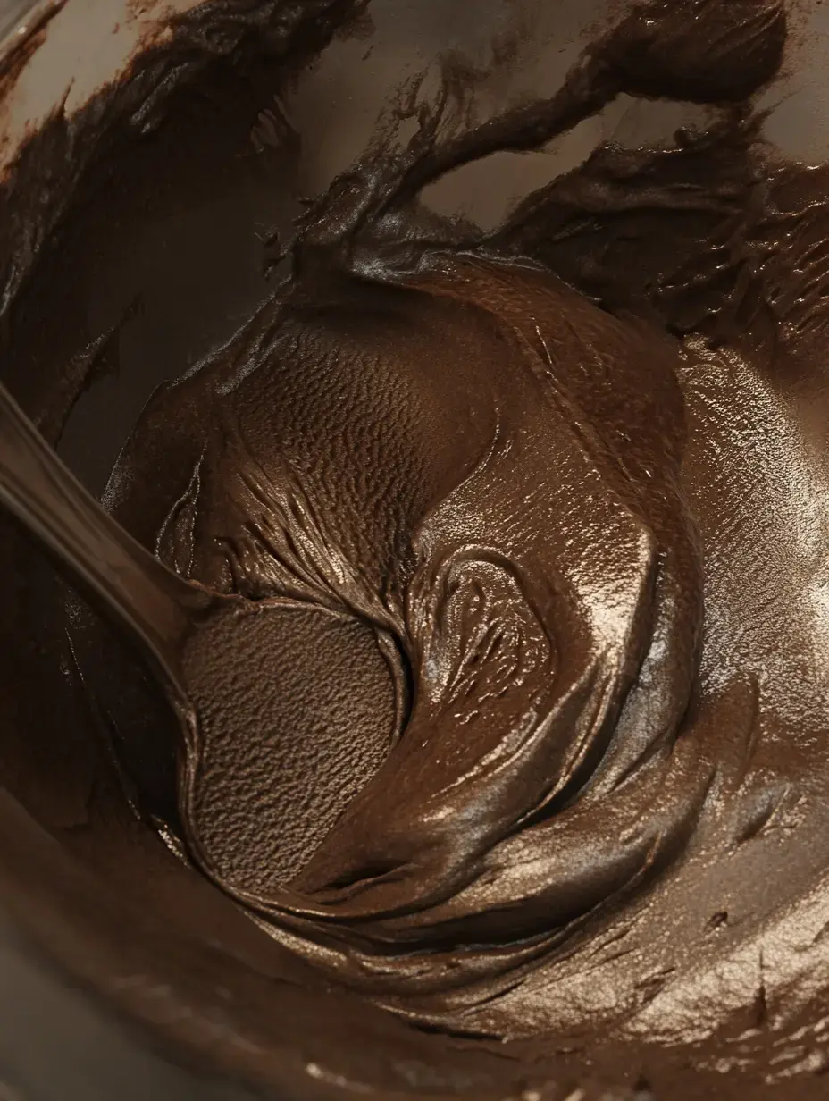 A close-up view of thick, dark chocolate batter in a mixing bowl.