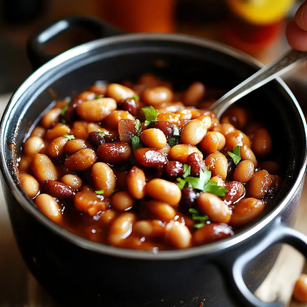 A close-up of a black pot filled with a hearty mix of beans in a rich sauce, topped with fresh cilantro and a spoon ready to serve.