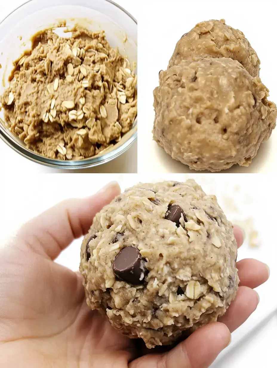 A hand holds a large cookie dough ball made with oats and chocolate chips, with additional images showing the dough in a bowl and two similar dough balls.