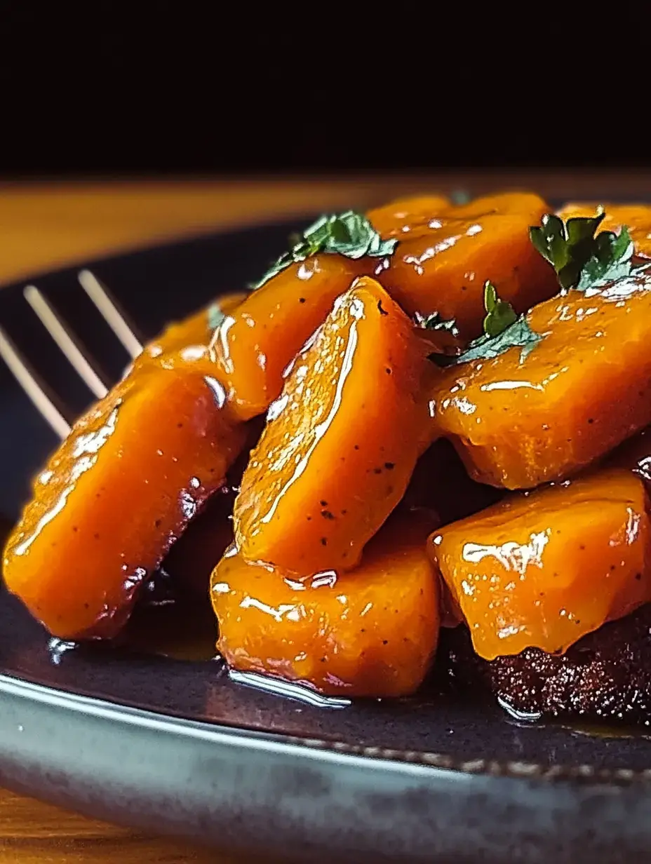 A close-up of glazed sweet potato chunks garnished with fresh herbs on a black plate.