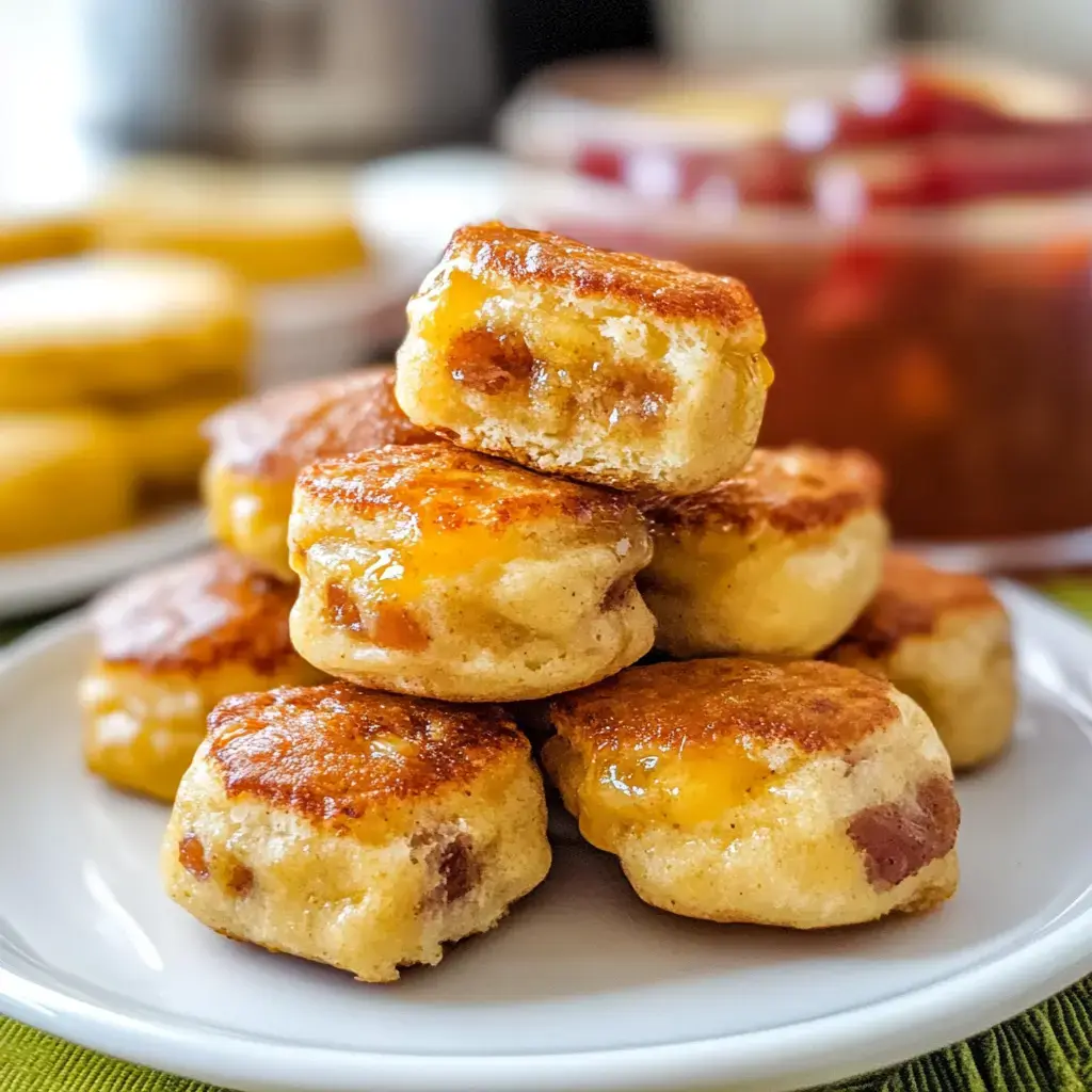 A stack of golden-brown cheese-filled biscuits sits on a white plate, with jars of colorful preserves in the background.