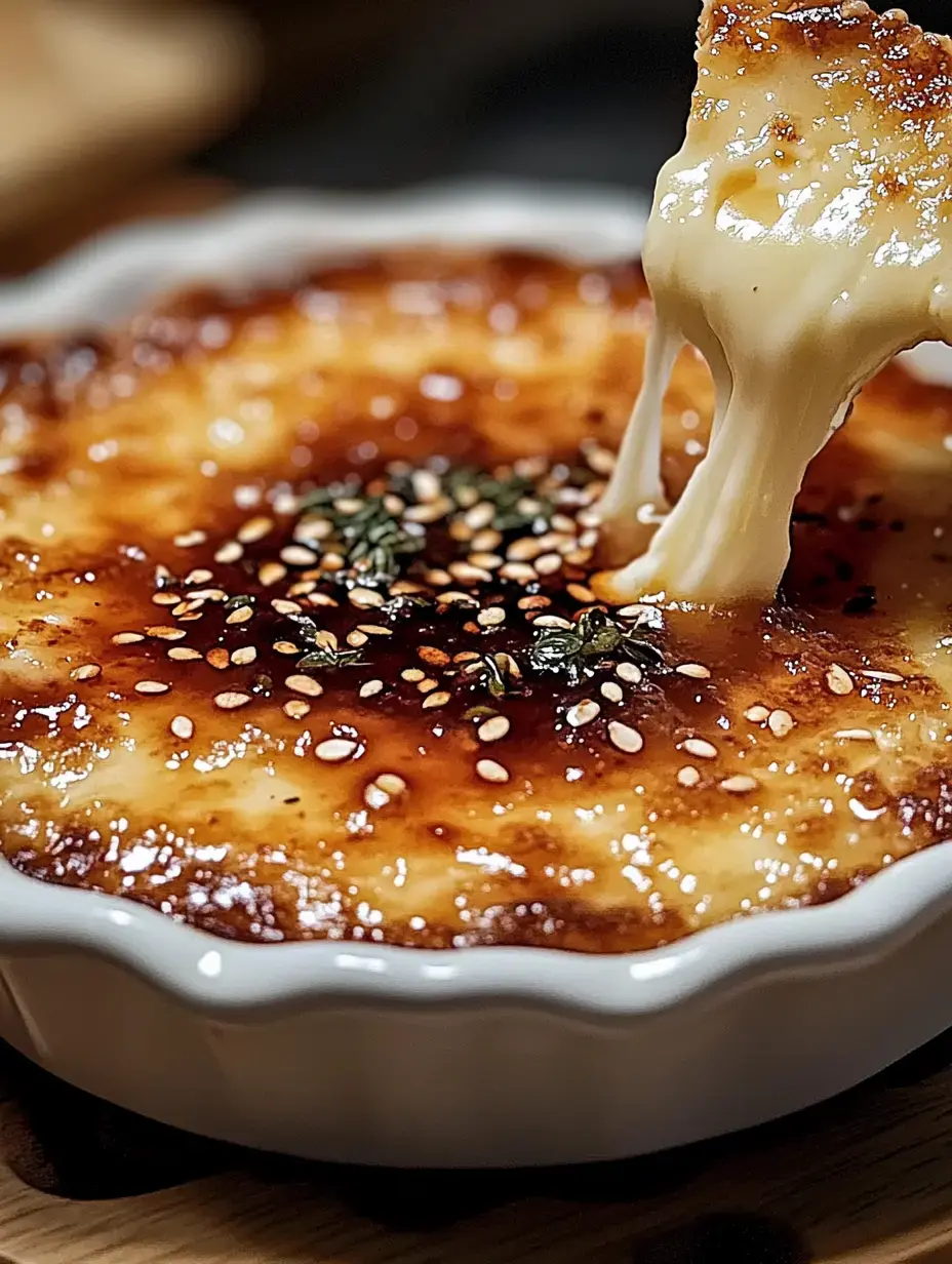 A close-up of a creamy, golden-brown dish topped with sesame seeds and herbs, with melted cheese stretching from a piece being lifted.