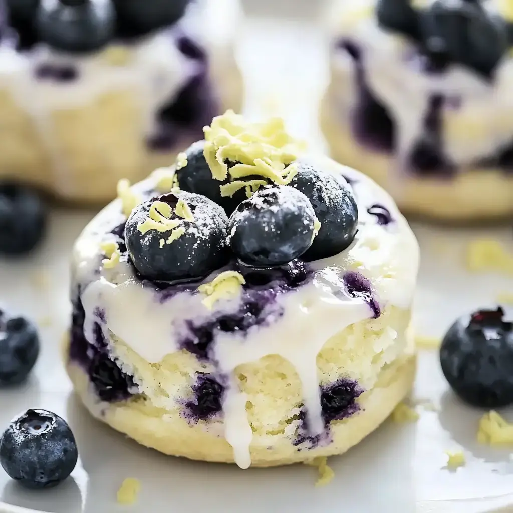 A close-up of baked goods topped with icing, blueberries, and lemon zest.