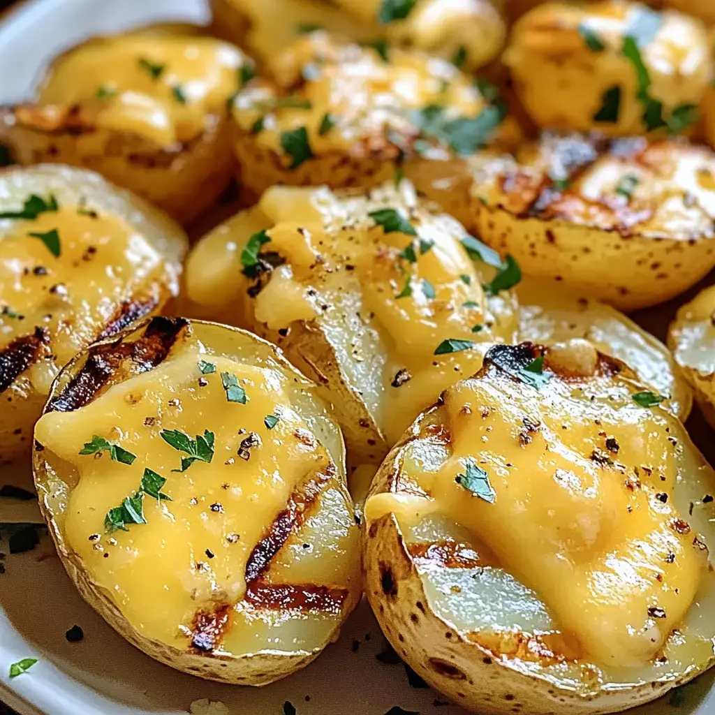 A close-up image of grilled potato halves topped with melted cheese and garnished with chopped parsley.