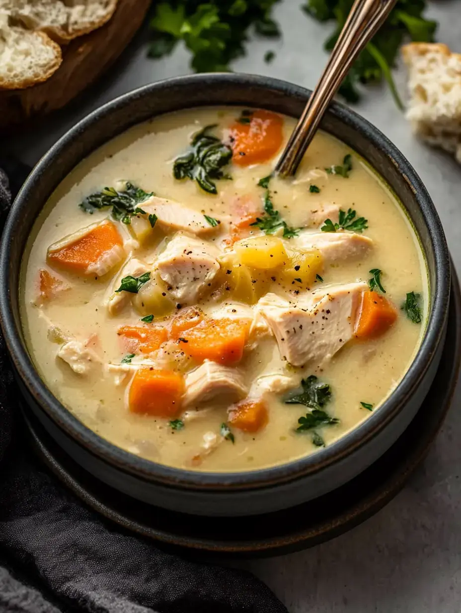 A bowl of creamy chicken soup with chunks of carrots, potatoes, and herbs, accompanied by a piece of bread in the background.