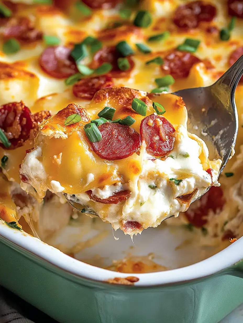 A close-up of a cheesy casserole being served, topped with sliced pepperoni and green onions.