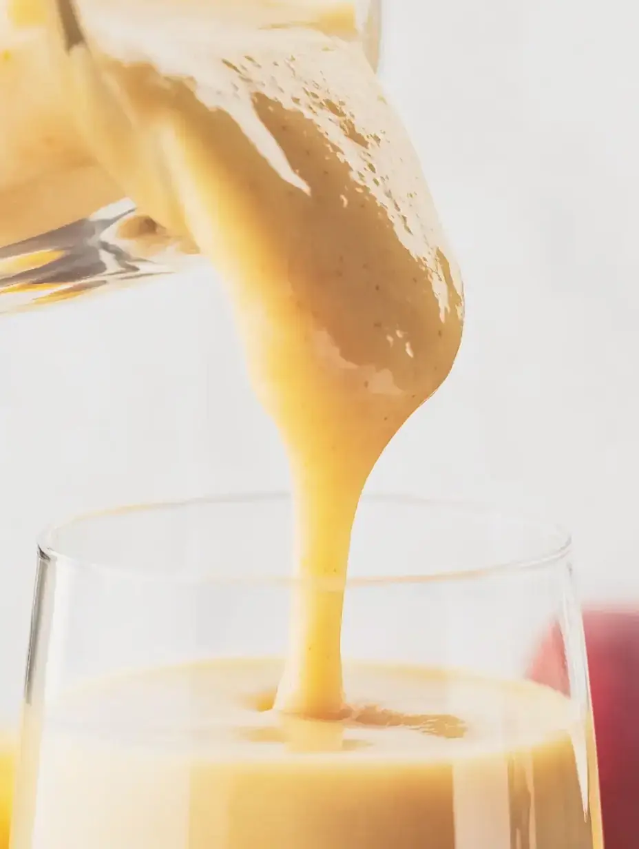 A thick, creamy smoothie is being poured from a glass into another glass, with a blurred background.