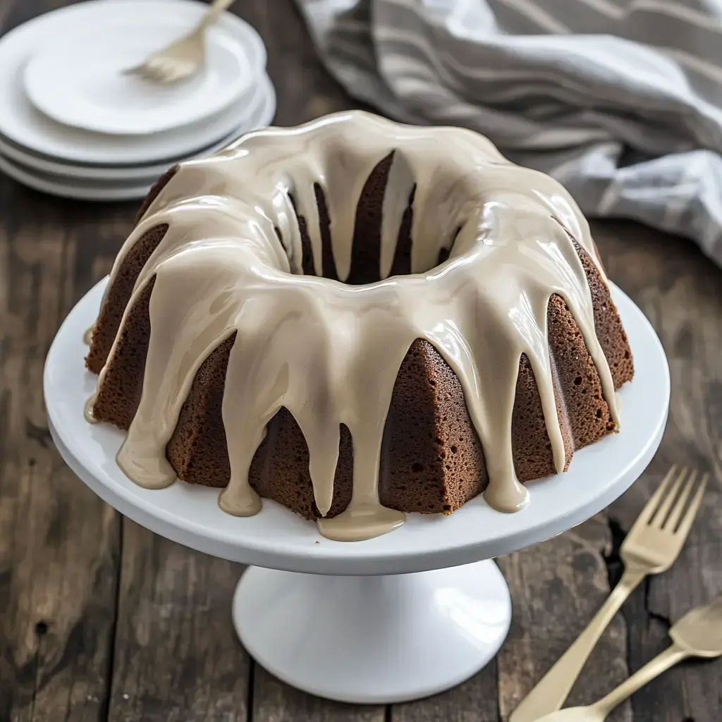 A glazed bundt cake sits on a white cake stand, surrounded by gold forks and plates, on a wooden table.