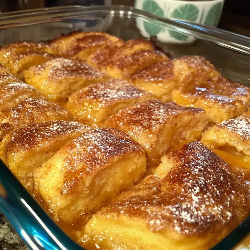 A close-up of a baked cinnamon roll dish dusted with powdered sugar and drizzled with syrup, served in a glass baking dish.