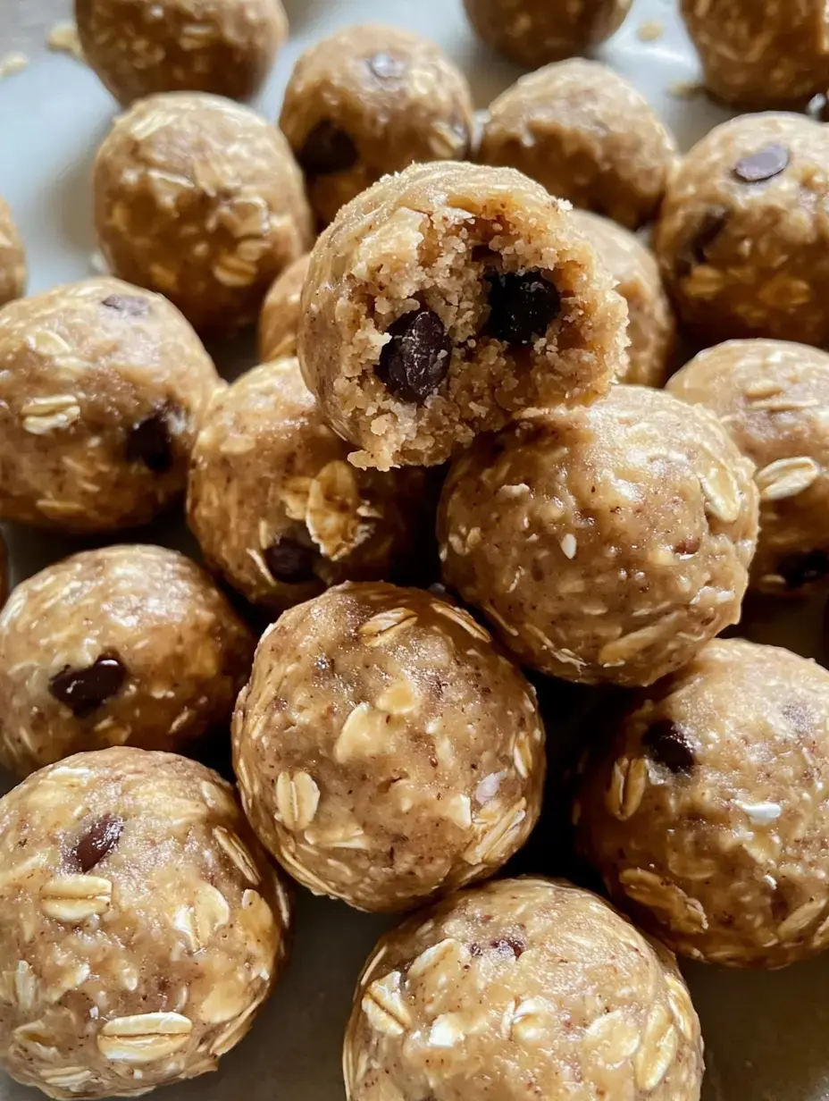 A close-up image of a pile of energy balls made from oats and chocolate chips, with one ball partially bitten to reveal its soft interior.